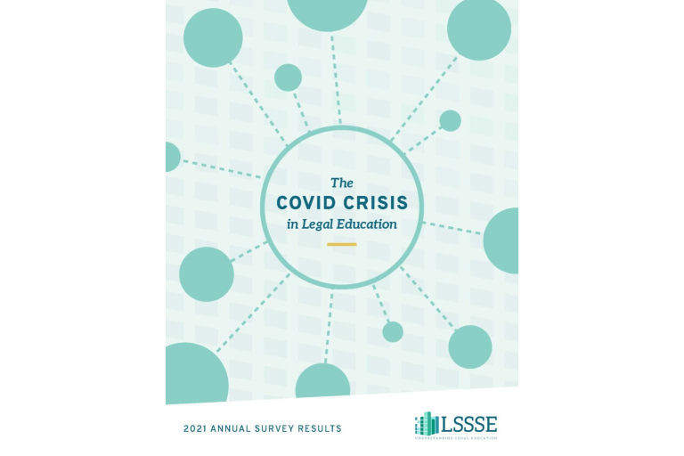 A book cover for "2021 Annual Survey Results: The COVID Crisis in Legal Education." The cover is a diagram with interconnected light green circles against a pale blue background with a subtle, geometric pattern. A large circle in the center contains the title. A small, green and white LSSSE logo is at the bottom right.