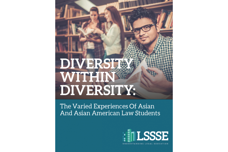 A book cover for "Diversity Within Diversity: The Varied Experiences of Asian and Asian American Law Students." The top of the cover is a photo of three law students in a library. A man with glasses, who is of South Asian descent, is sitting in the foreground, looking at the camera and smiling, while holding a book. Two white women are standing in the background. The bottom of the cover is a dark blue background with the title in white font. A small, green and white LSSSE logo is at the bottom right.