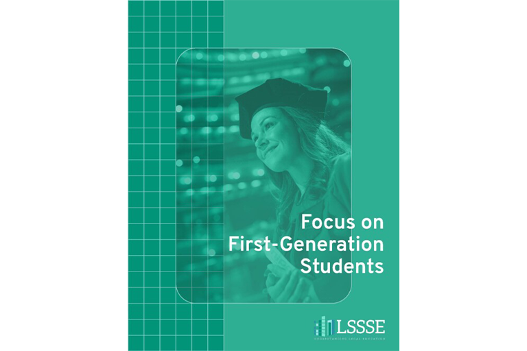 A book cover titled, "Focus on First-Generation Students." The cover is a teal color with a faint grid pattern on the left side. A photo of a smiling woman in a graduation cap is on the right side of the cover, enclosed in a rounded rectangle. The title is written in white font below her face. At the bottom is a small, teal and white LSSSE logo.