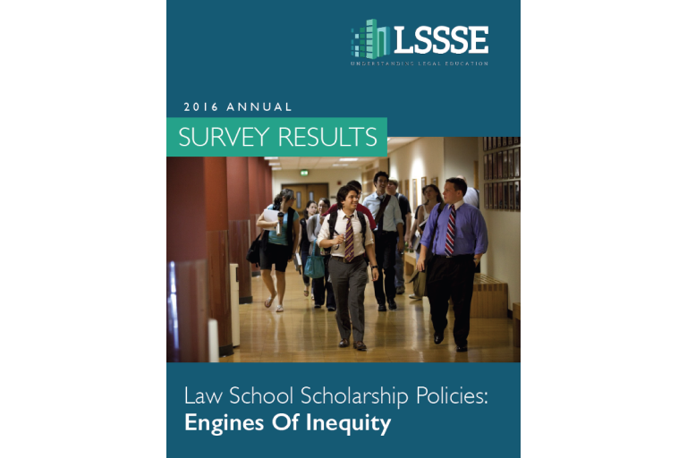 A book cover titled, "2016 Annual Survey Results: Law School Scholarship Policies, Engines of Inequity." The top of the cover is a blue-gray background with the green and white LSSSE logo. The middle of the cover is a photo of a group of law students walking down a hallway in a law school, carrying backpacks and briefcases. The bottom of the cover is a blue-gray background with the title in white font.